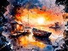 An old boat at dock at sunset