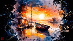 An old boat at dock at sunset