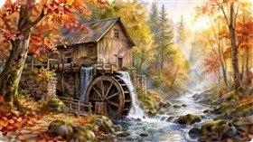 A rustic wooden watermill